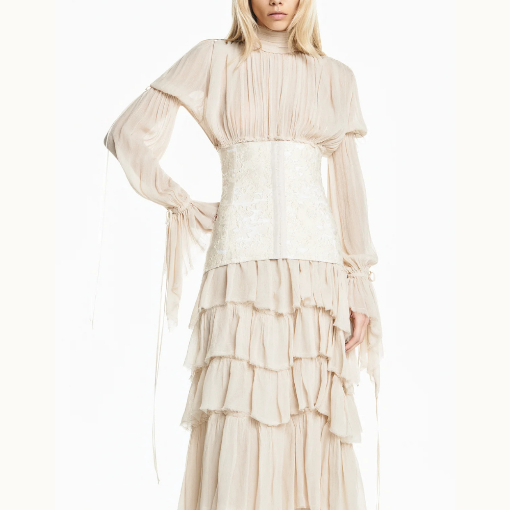 VESTIDO LONGO BABADOS MANGA LONGA CHIFFON COM CORSET DE JACQUARD