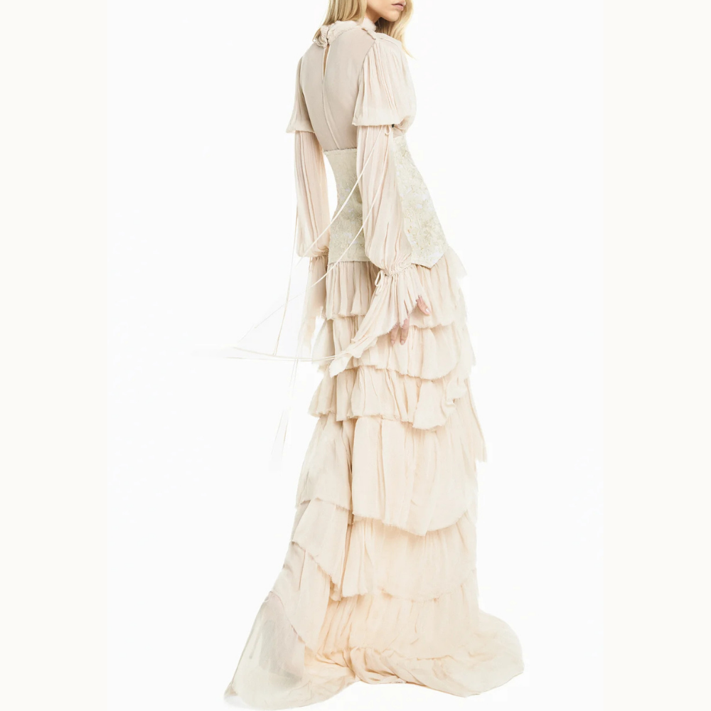 VESTIDO LONGO BABADOS MANGA LONGA CHIFFON COM CORSET DE JACQUARD