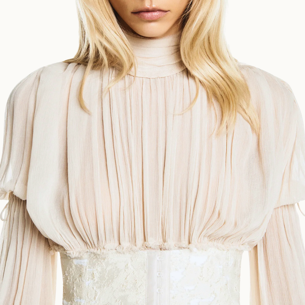 VESTIDO LONGO BABADOS MANGA LONGA CHIFFON COM CORSET DE JACQUARD