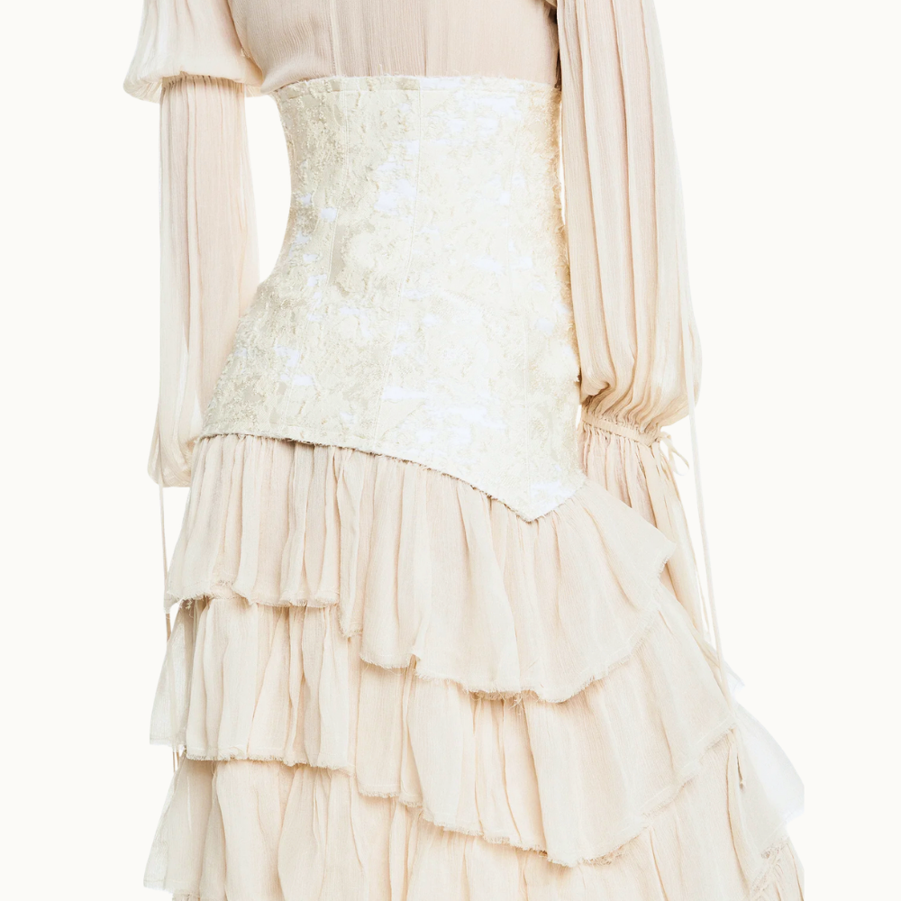 VESTIDO LONGO BABADOS MANGA LONGA CHIFFON COM CORSET DE JACQUARD