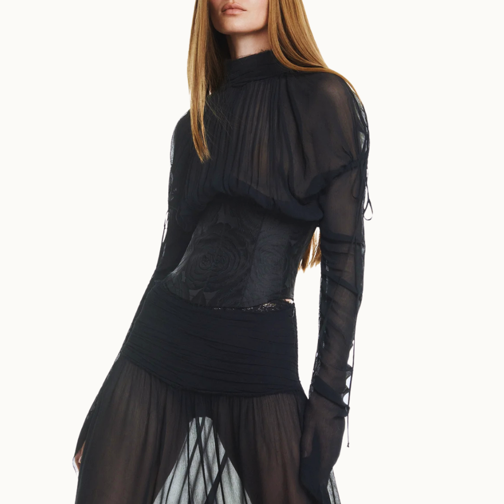 BLUSA MANGA LONGA FRENTE DRAPEADA CHIFFON COM CORSET DE JACQUARD
