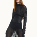 BLUSA MANGA LONGA FRENTE DRAPEADA CHIFFON COM CORSET DE JACQUARD