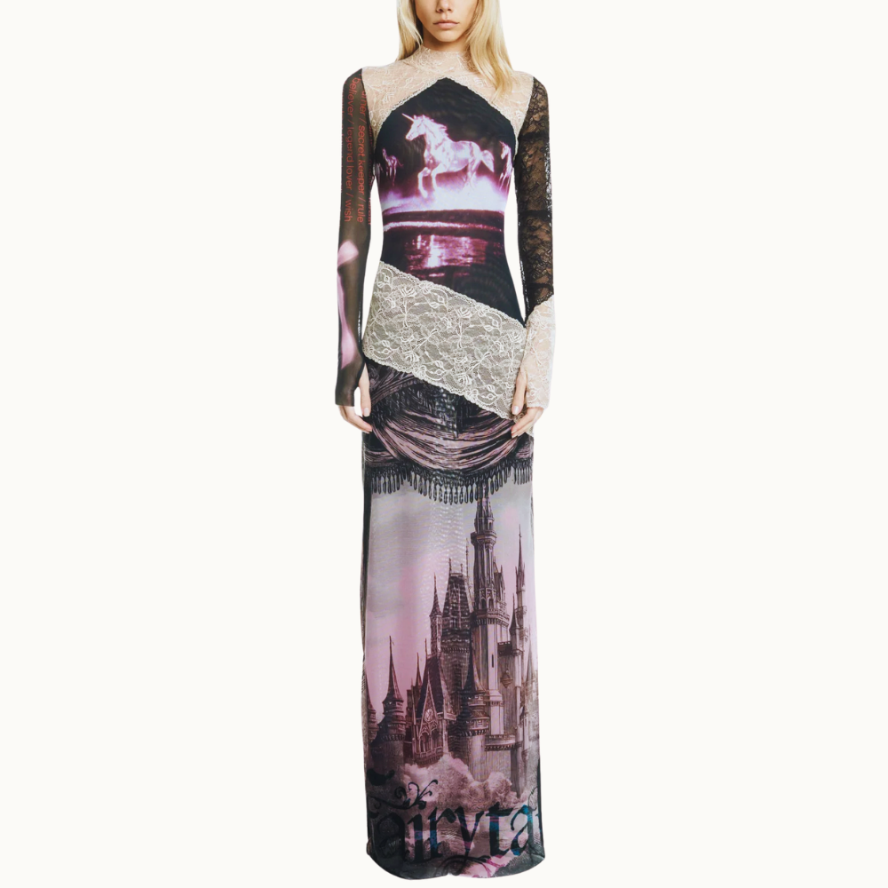 VESTIDO LONGO MANGA LONGA GOLA ALTA TULE E RENDA PEGASUS