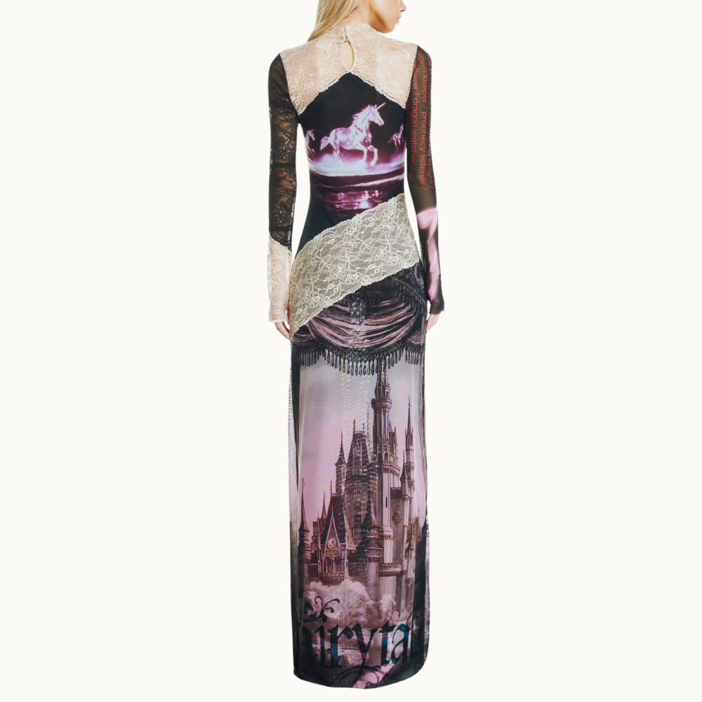 VESTIDO LONGO MANGA LONGA GOLA ALTA TULE E RENDA PEGASUS
