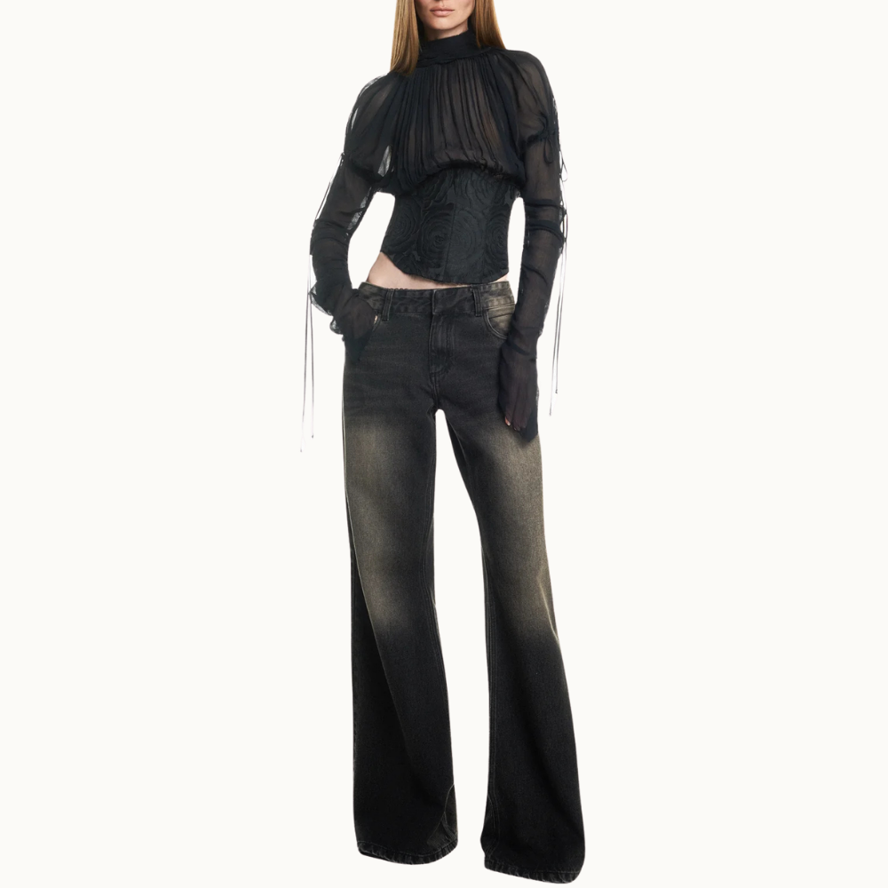 CALÇA JEANS DIRTY BLACK FLARE CINTURA BAIXA