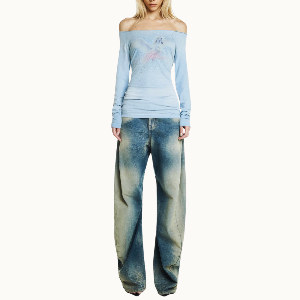 CALÇA JEANS MANCHADA PERNA MONTARIA