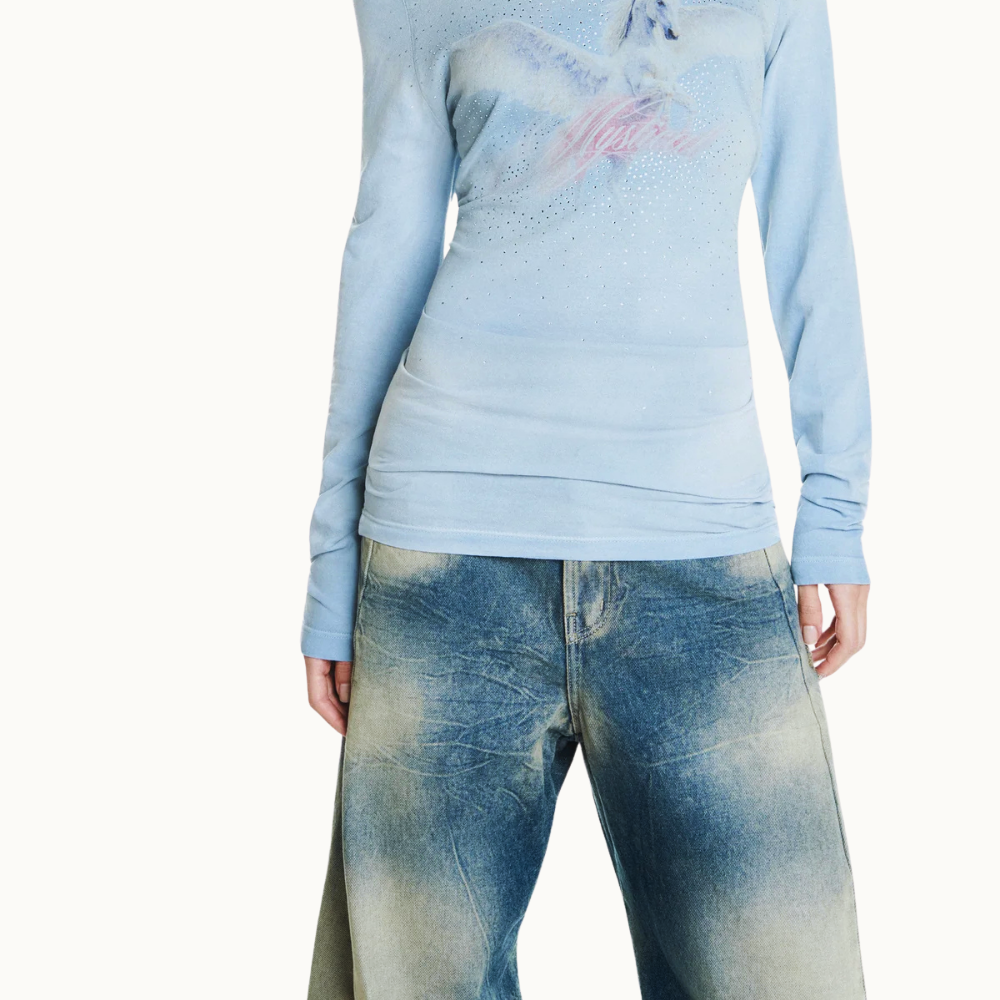 CALÇA JEANS MANCHADA PERNA MONTARIA