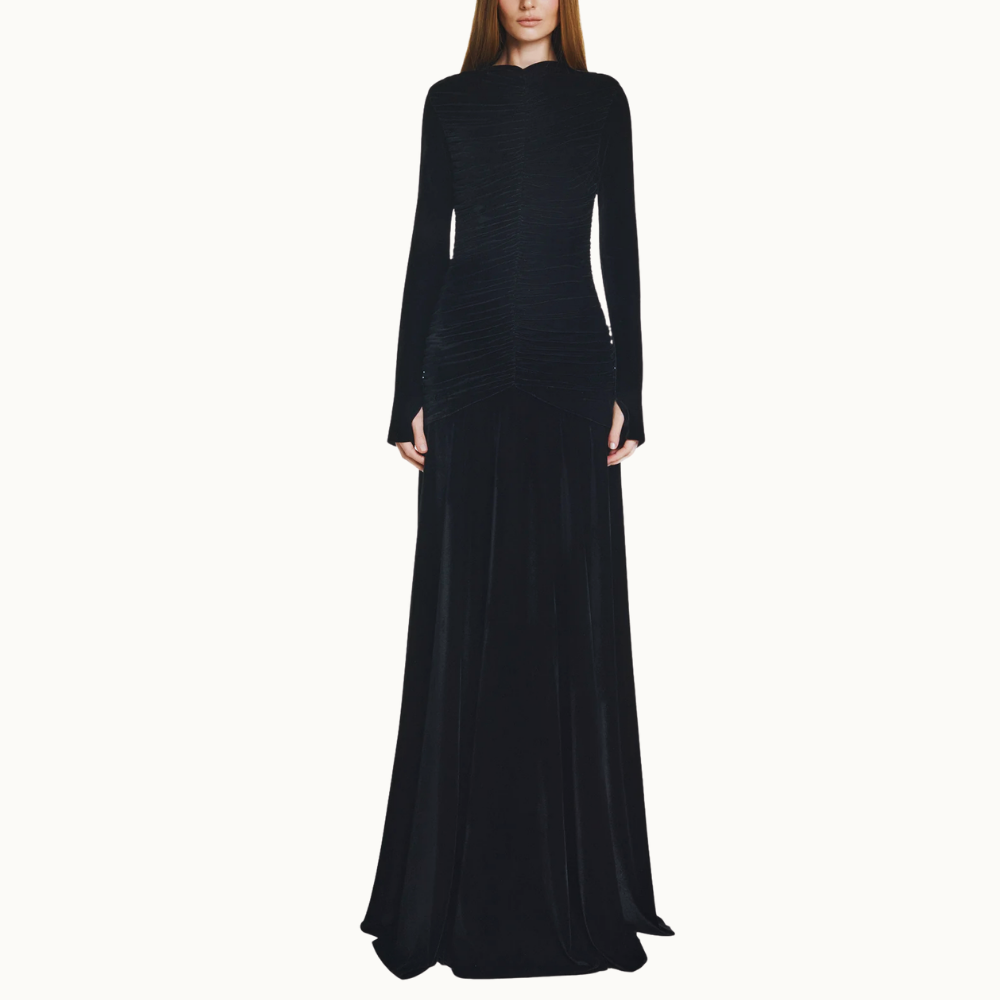 VESTIDO LONGO CORPO DRAPEADO MANGA LONGA VELUDO