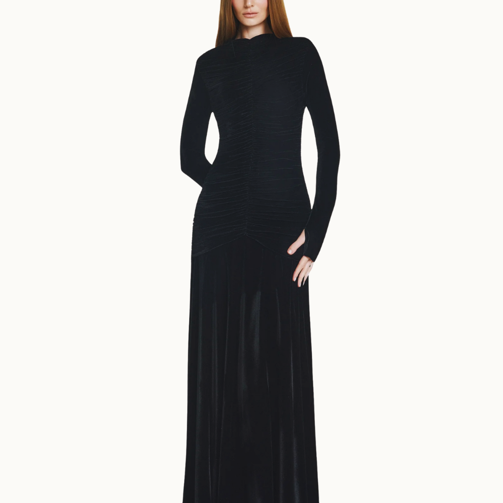 VESTIDO LONGO CORPO DRAPEADO MANGA LONGA VELUDO