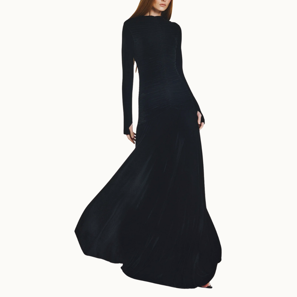 VESTIDO LONGO CORPO DRAPEADO MANGA LONGA VELUDO