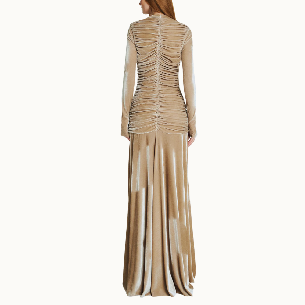 VESTIDO LONGO CORPO DRAPEADO MANGA LONGA VELUDO