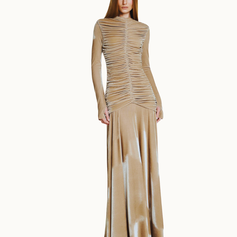 VESTIDO LONGO CORPO DRAPEADO MANGA LONGA VELUDO