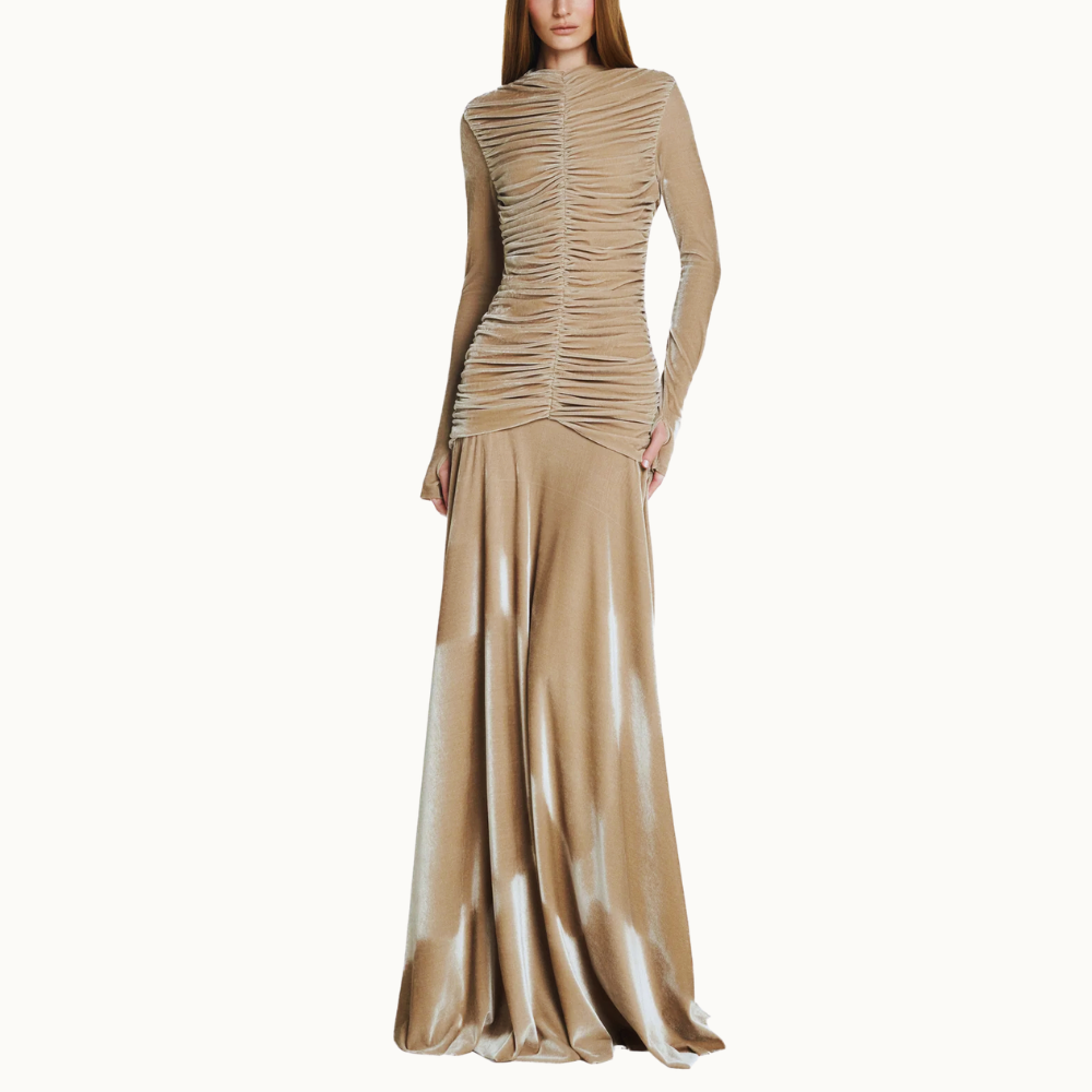 VESTIDO LONGO CORPO DRAPEADO MANGA LONGA VELUDO