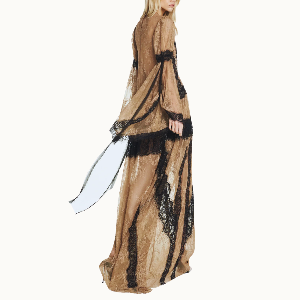 VESTIDO LONGO COM MANGA RENDA BEGE ESCURO COM RENDA