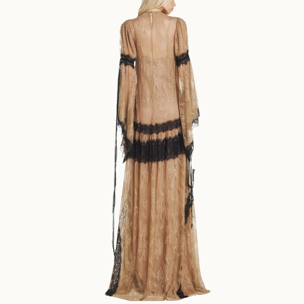VESTIDO LONGO COM MANGA RENDA BEGE ESCURO COM RENDA