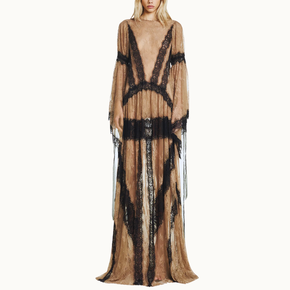 VESTIDO LONGO COM MANGA RENDA BEGE ESCURO COM RENDA