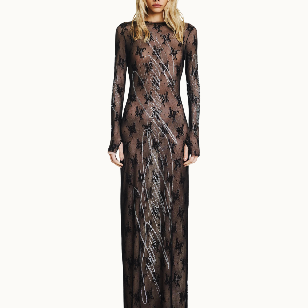 VESTIDO LONGO MANGA RENDA PEDRAS
