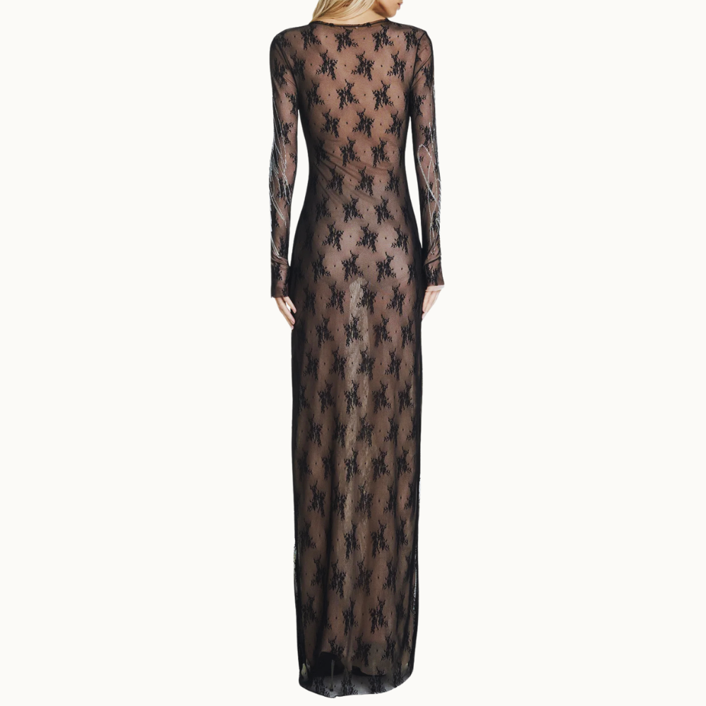 VESTIDO LONGO MANGA RENDA PEDRAS