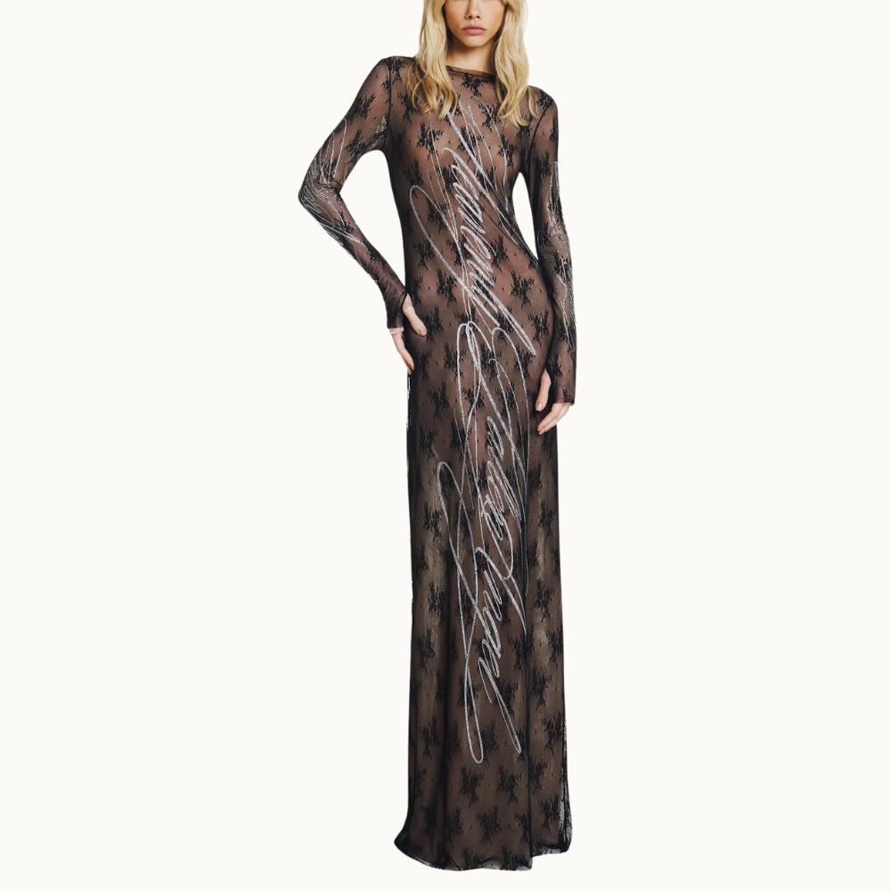 VESTIDO LONGO MANGA RENDA PEDRAS