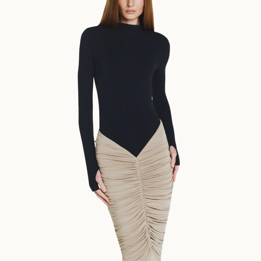 VESTIDO LONGO MANGA LONGA SAIA DRPEADA COSTAS ABERTAS MALHA STONE