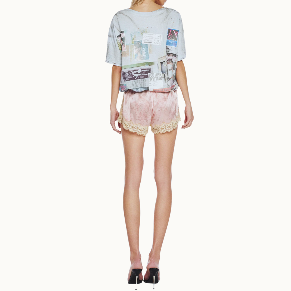 SHORTS ELÁSTICO CÓS CETIM LAÇO ROSA RENDA BEGE