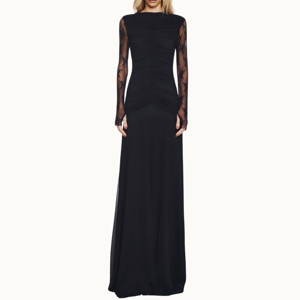 VESTIDO LONGO MANGA LONGA RENDA CORPO DRAPEADO TULE PRETO