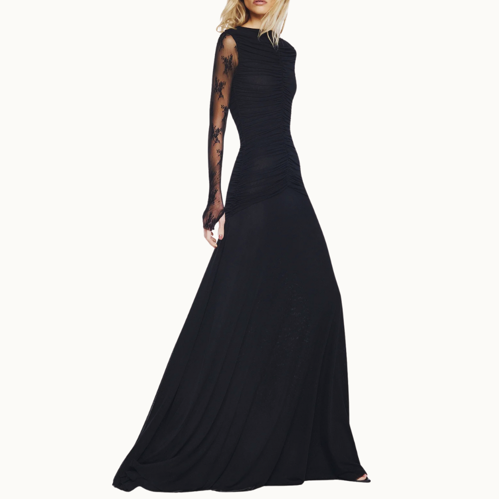 VESTIDO LONGO MANGA LONGA RENDA CORPO DRAPEADO TULE PRETO