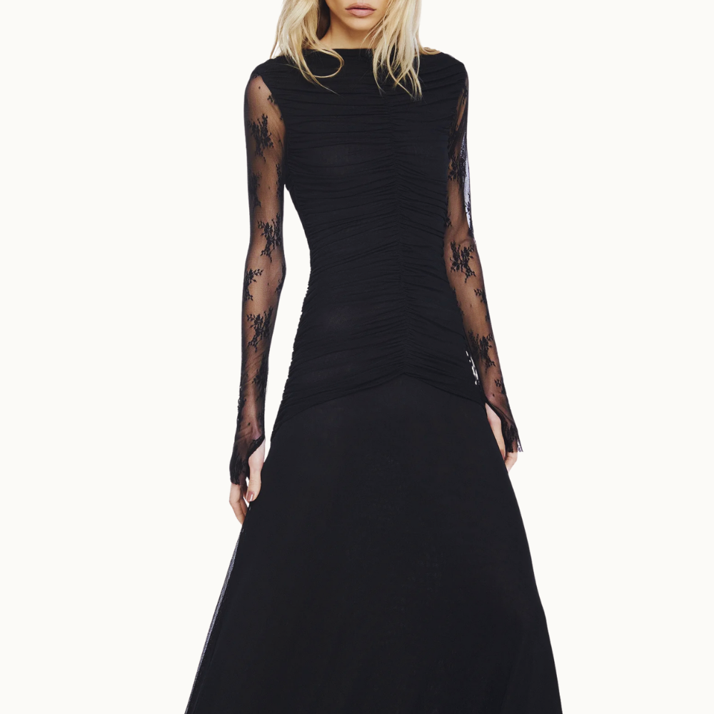 VESTIDO LONGO MANGA LONGA RENDA CORPO DRAPEADO TULE PRETO