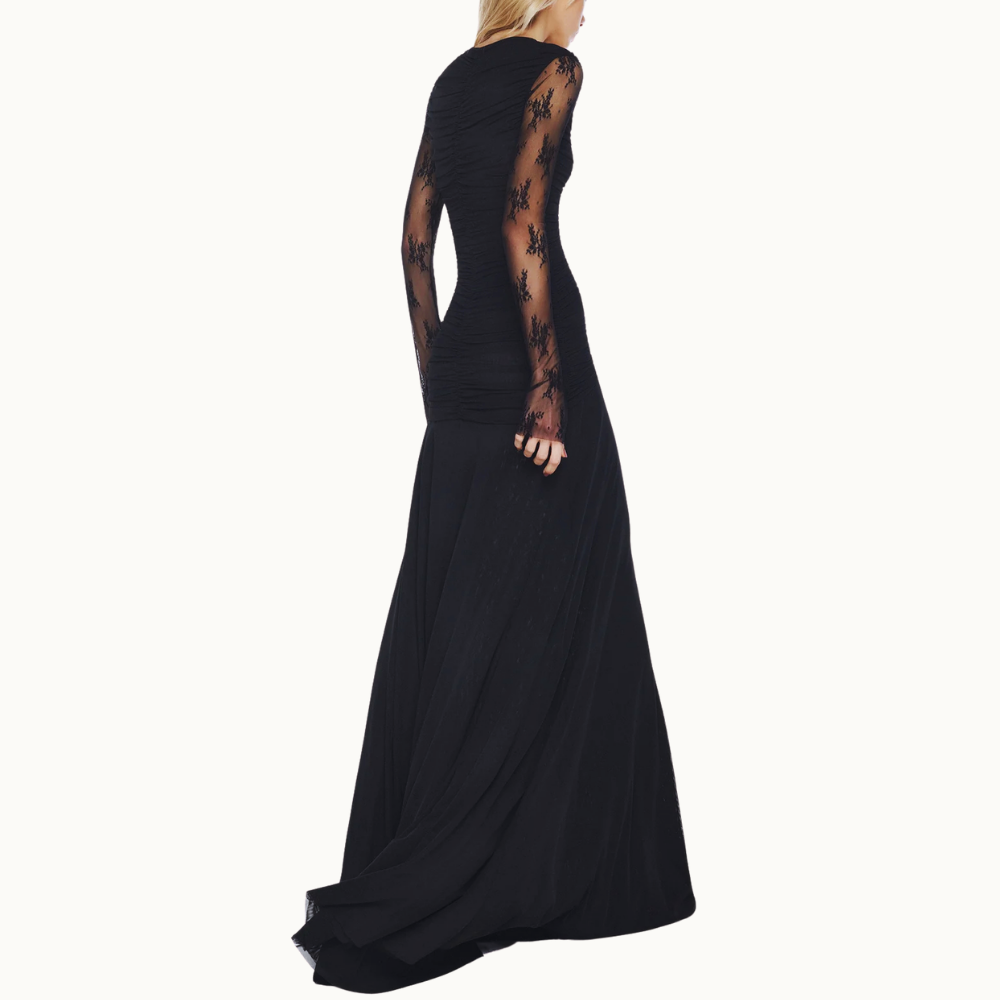 VESTIDO LONGO MANGA LONGA RENDA CORPO DRAPEADO TULE PRETO