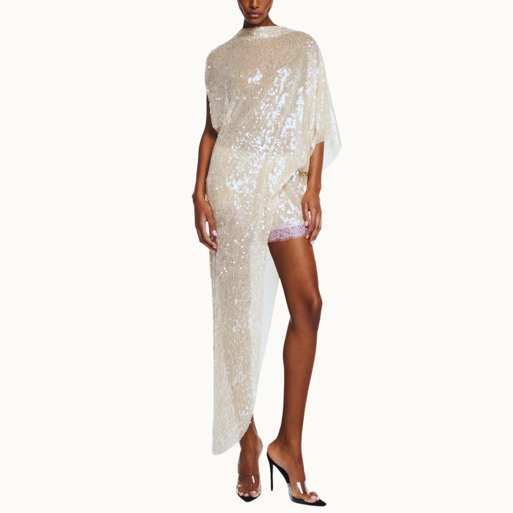 BLUSA KAFTAN ASSIMÉTRICA PAETÊ BEGE