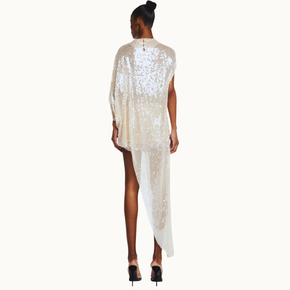 BLUSA KAFTAN ASSIMÉTRICA PAETÊ BEGE