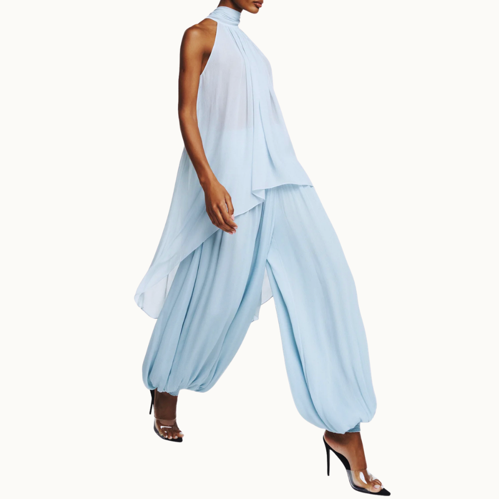 CALÇA PALA E BARRA LASTEX CHIFFON AZUL CLARO