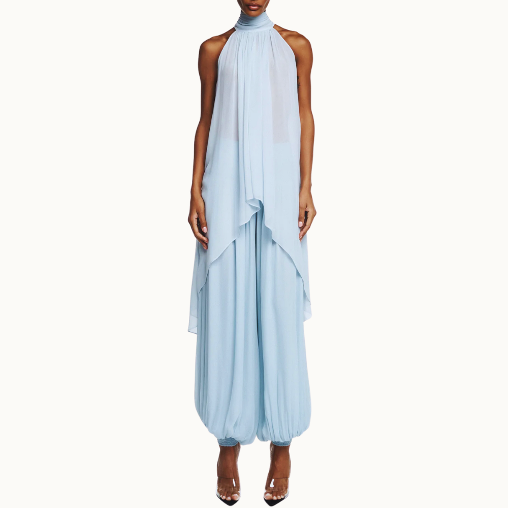 CALÇA PALA E BARRA LASTEX CHIFFON AZUL CLARO