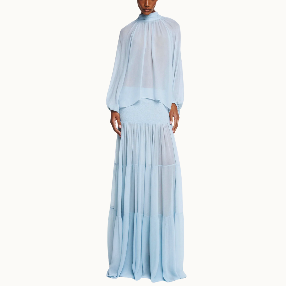 BLUSA MANGA LONGA GOLA ALTA CHIFFON AZUL CLARO