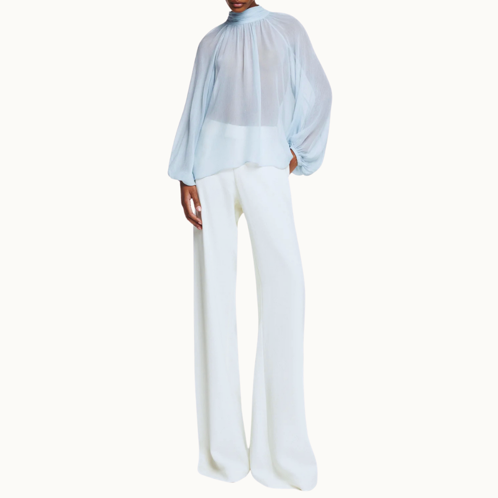 BLUSA MANGA LONGA GOLA ALTA CHIFFON AZUL CLARO