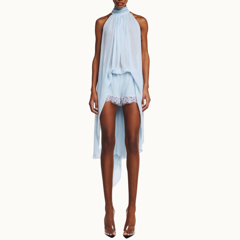 SHORTS ELÁSTICO CÓS CHIFFON E RENDA AZUL CLARO
