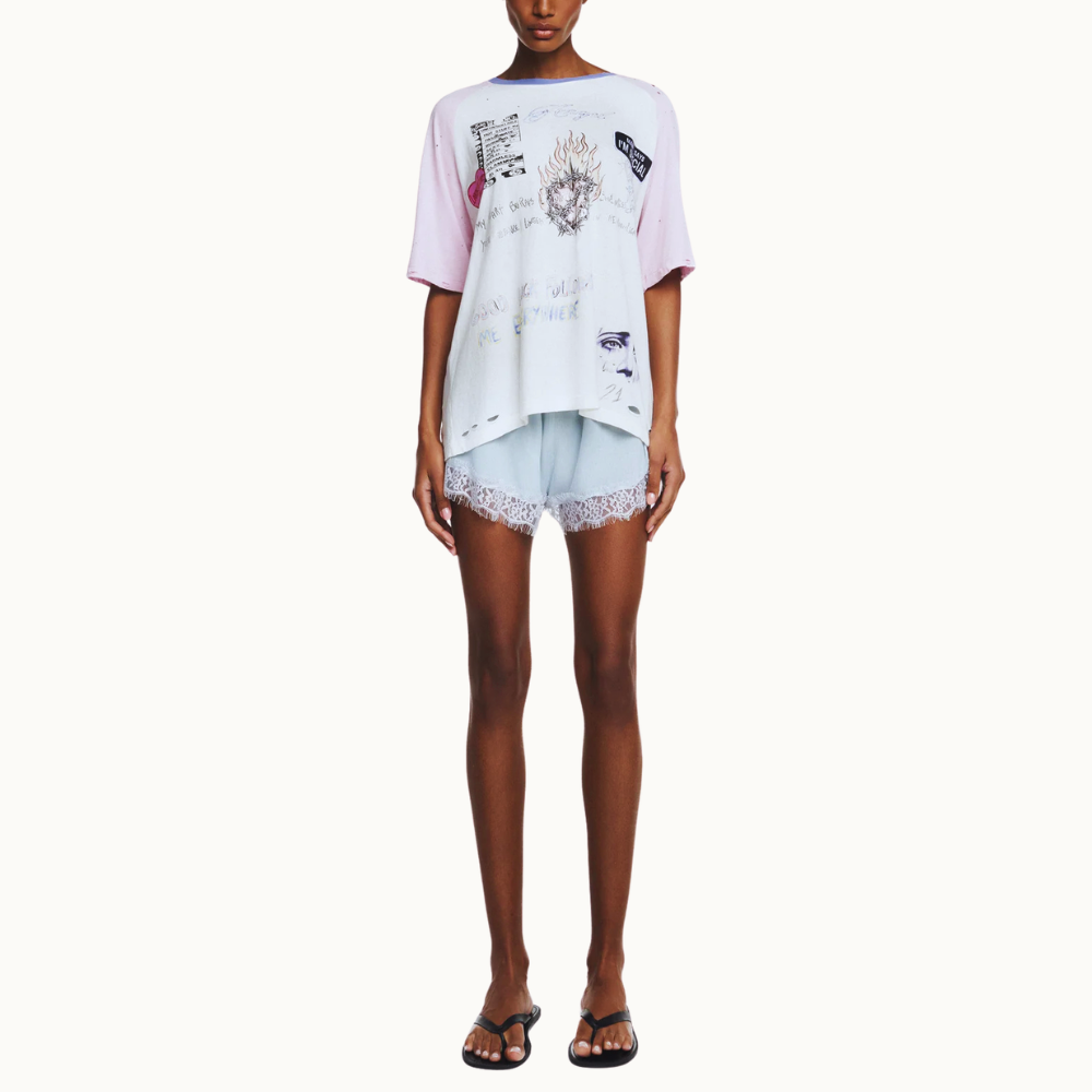 SHORTS ELÁSTICO CÓS CHIFFON E RENDA AZUL CLARO