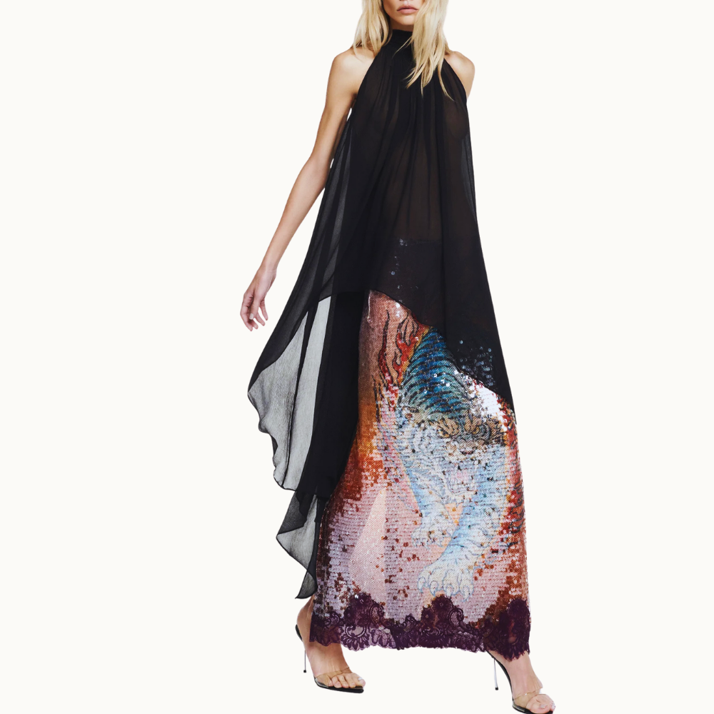 BLUSA GOLA ALTA MULLET CHIFFON PRETO