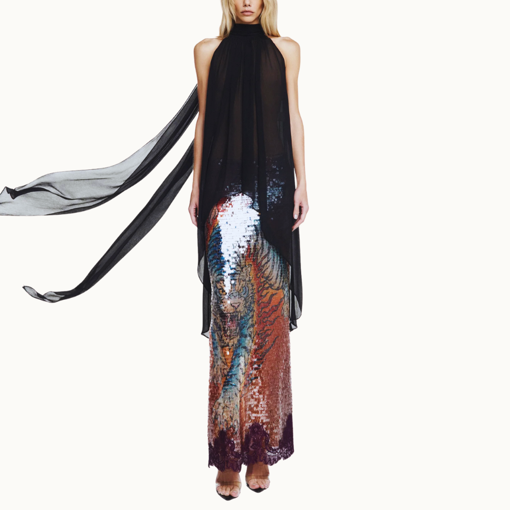 BLUSA GOLA ALTA MULLET CHIFFON PRETO