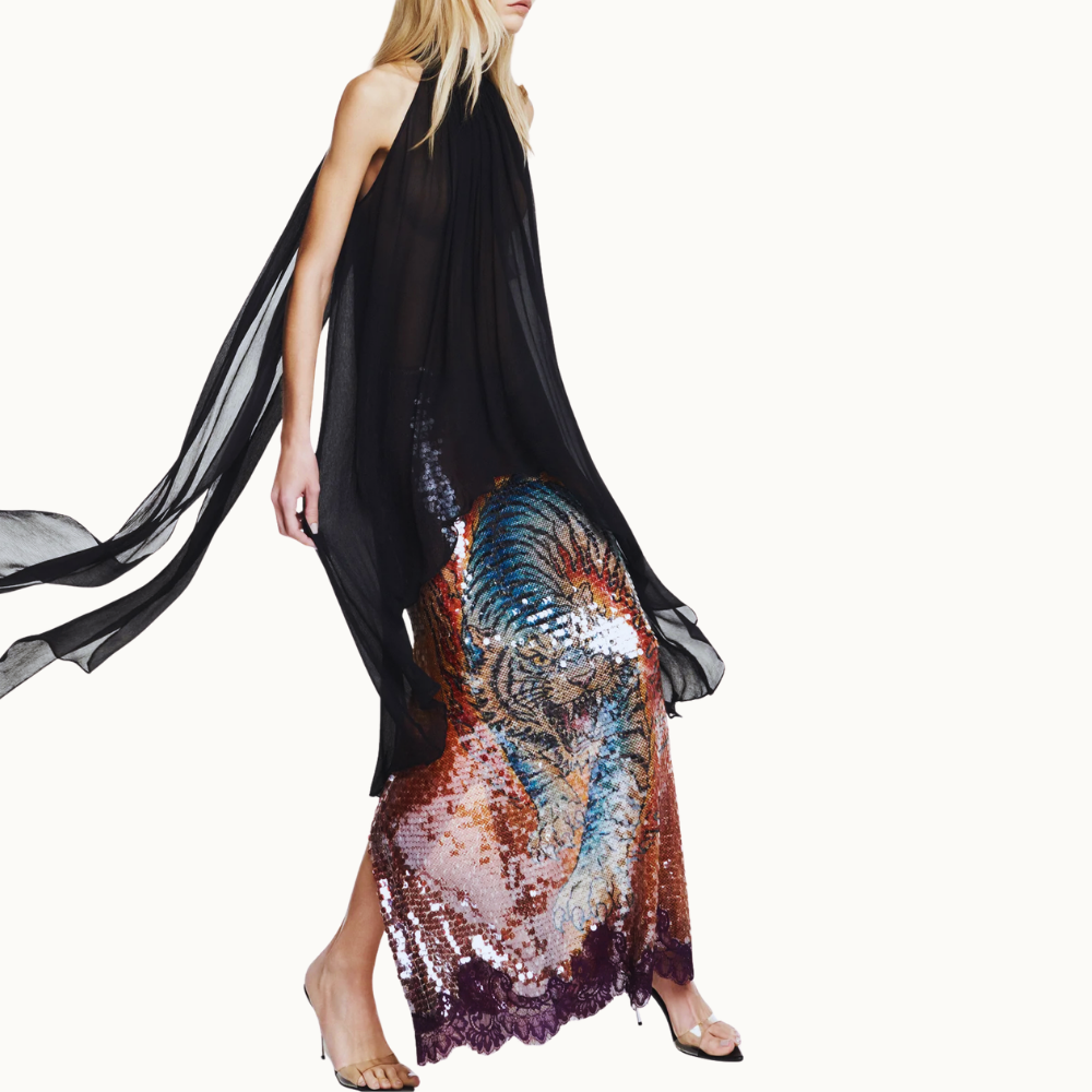 BLUSA GOLA ALTA MULLET CHIFFON PRETO