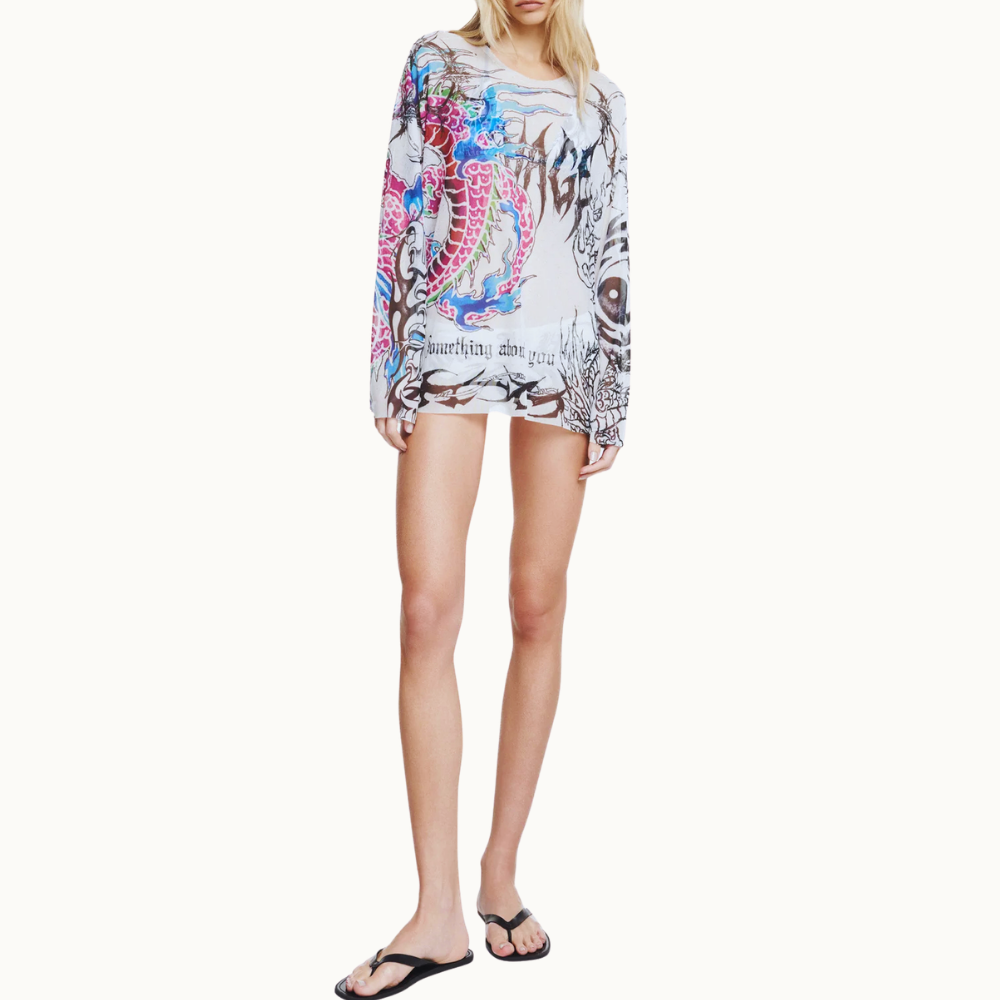 BLUSA MANGA LONGA QUADRADA TULE TATTOO DRAGÃO