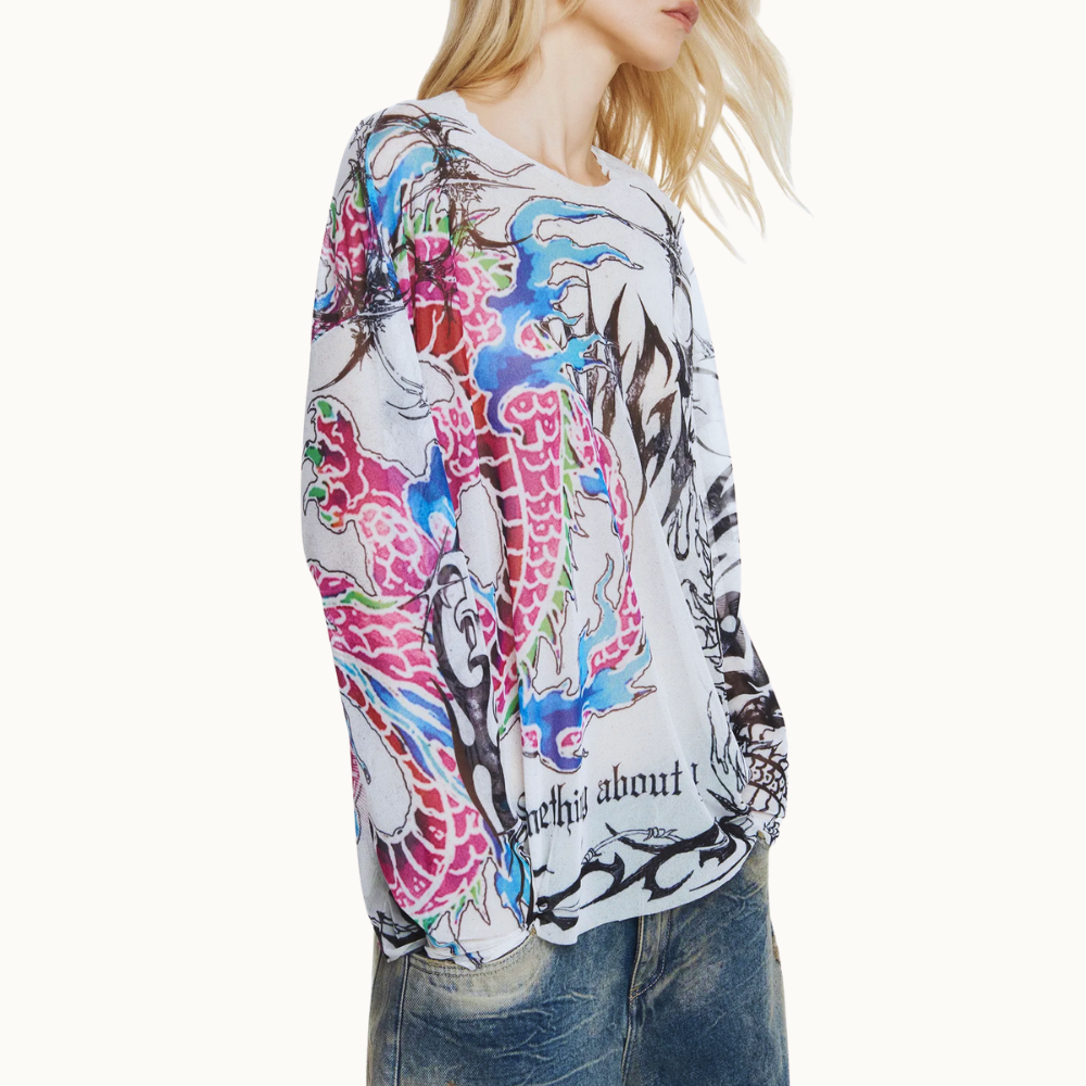 BLUSA MANGA LONGA QUADRADA TULE TATTOO DRAGÃO