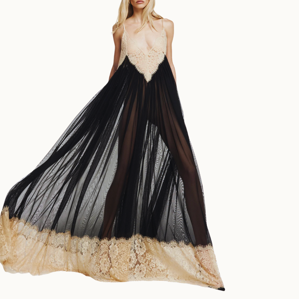 VESTIDO LONGO ALÇA DECOTE BARRA RENDA BEGE TULE
