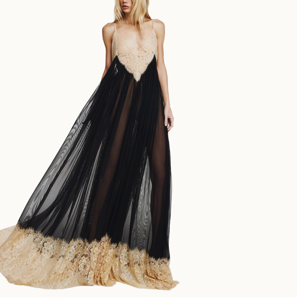 VESTIDO LONGO ALÇA DECOTE BARRA RENDA BEGE TULE