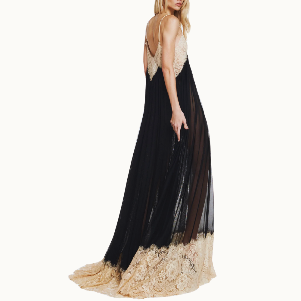VESTIDO LONGO ALÇA DECOTE BARRA RENDA BEGE TULE