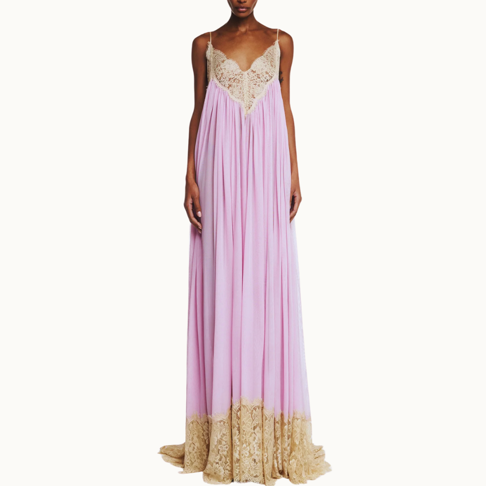 VESTIDO LONGO ALÇA DECOTE BARRA RENDA BEGE TULE
