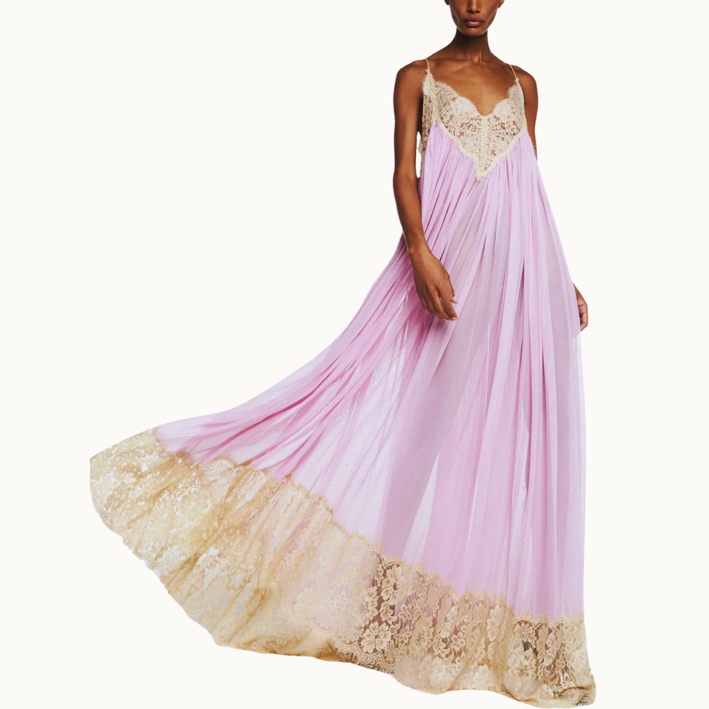VESTIDO LONGO ALÇA DECOTE BARRA RENDA BEGE TULE