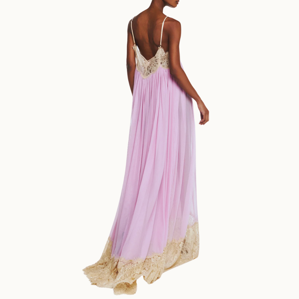 VESTIDO LONGO ALÇA DECOTE BARRA RENDA BEGE TULE