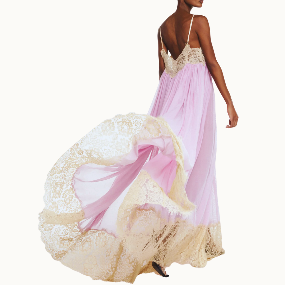 VESTIDO LONGO ALÇA DECOTE BARRA RENDA BEGE TULE