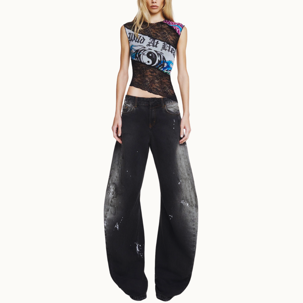 BLUSA SEM MANGA TULE E RENDA TATTOO YING YANG